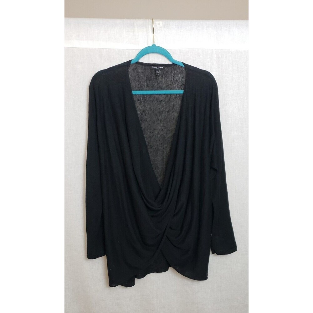 Eileen Fisher Pullover Top PL Cowl Neck Black Lagenlook Organic Cotton Linen NEW